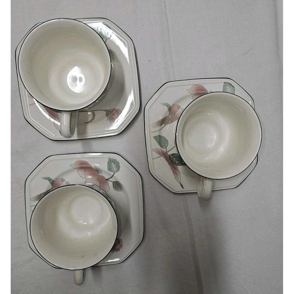 3 Mikasa Continental Silk Flowers Footed Cup & Saucer Sets F3003 8oz Japan I24 - Picture 2 of 8